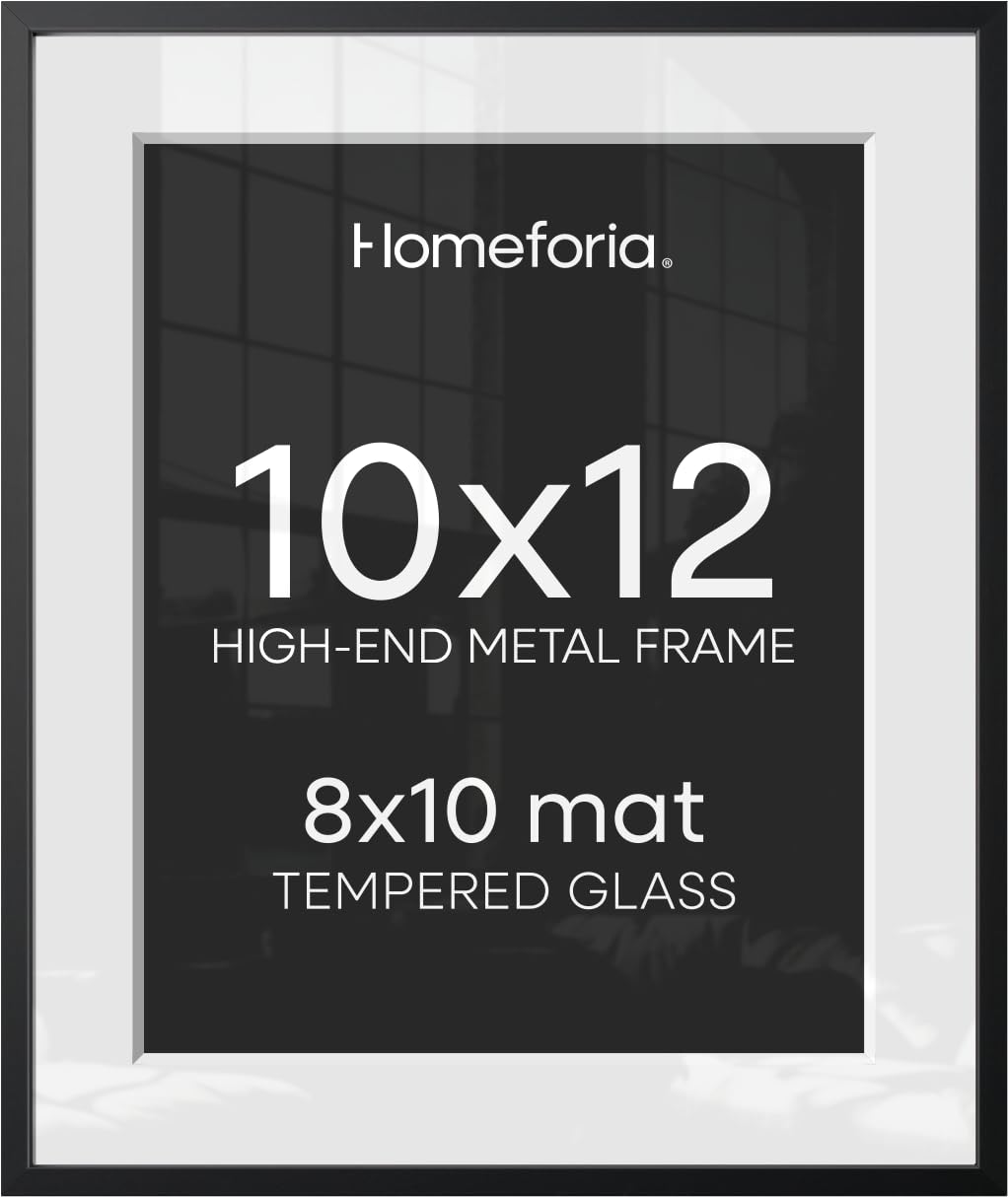 Homeforia 10x12 Black Picture Frame, High-End Metal, 8x10 Mat, Glass