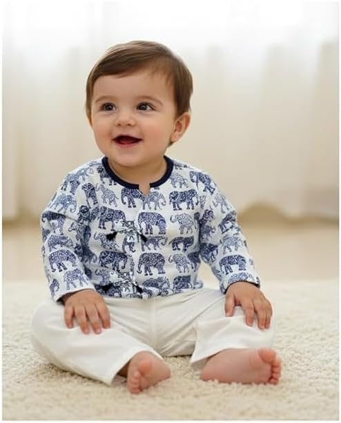 Baby Boy Elephant Print Kurta Pajama Set, Long Sleeve 0-3 Months | Navy Blue Print, Festive Wear, Round Neck, Infant Outfit, White & Blue
