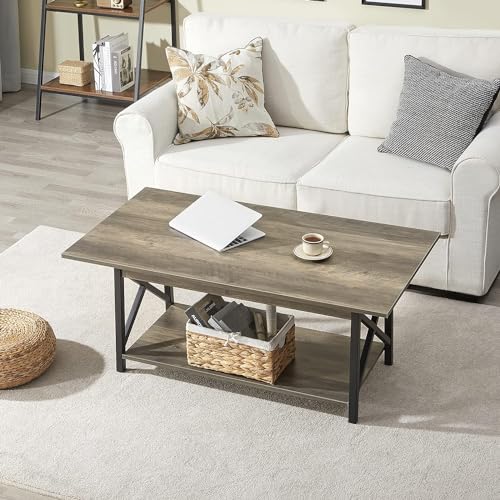 Image of GreenForest Coffee Table with Storage, 39inch Modern Coffee Tables for Living Room, X-Frame Design Farmhouse Coffee Table Space Saving Living Room Tables, Easy Assembly, Grey Wash