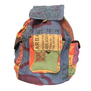DharmaObjects Lungta Recycled Jute Rice Bag Backpack Hand Made Nepal Multi Color
