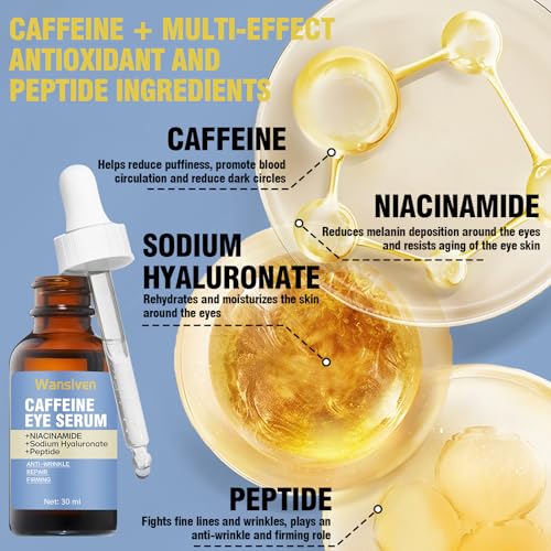 Wansiven Koffein Augenserum, Anti Falten Augen serum, Augenlifting und glättende mit Hyaluronsäure Niacinamid gegen Augenringe und geschwollene, Augenpflege für Männer und Frauen, 30 ml (30 ml)