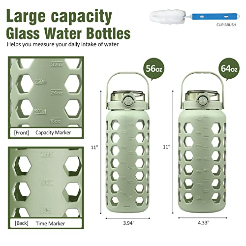 Mukoko Half Gallon/64 Oz Glass Water Bottles With Straw And Lid,Motivational Water Jug With Time Marker Reminder And Silicone Sleeve,100% Leakproof Bpa Free Fitness Sports Large Bottle-Green #TOP1