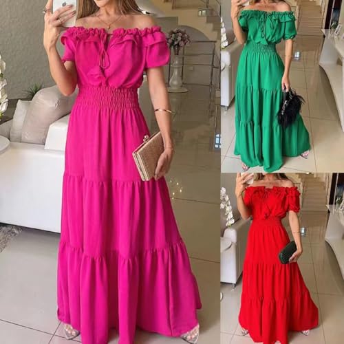 Dress with Puffed Sleeves Fashionable Lacing Halter Neckline Pure Color Large Skirt with Lotus Leaf Edge2