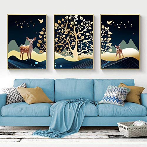 Affiche paysage nordique pour décor de salon chic triptyque cerf or 50x75cm