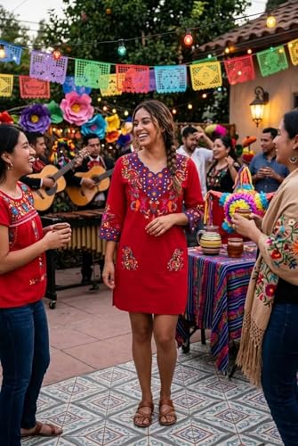 Image of YZXDORWJ Women Embroidered Mexican V Neck Floral Dress Long Sleeve Floral Traditional Bohemian Dress