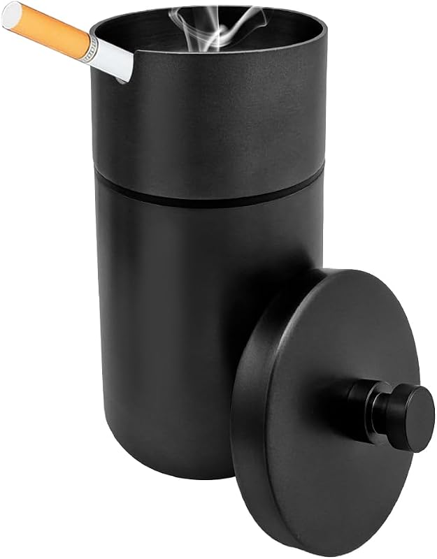 KVAEY Cenicero de auto con tapa, acero inoxidable duradero, sin humo, a prueba de olores, cenicero para taza de auto, bandeja de cenizas portátil desmontable a prueba de viento extinguido para vehículo, hogar, oficina (negro, grande)