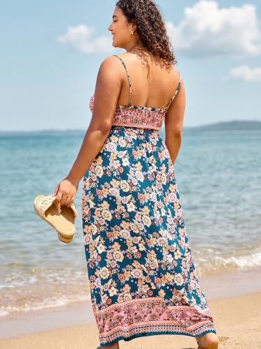 Image of CUPSHE Women Spaghetti Straps Boho Maxi Dress Summer Sleeveless Smocked Floral Beach Long Dress Flowy Cruise Vacation Outfits