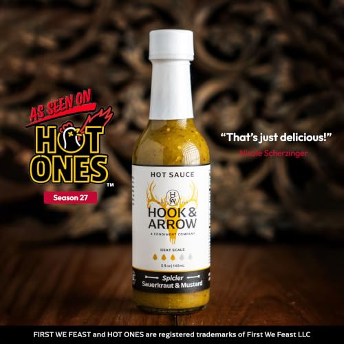 Image of Hook & Arrow Spicier Sauerkraut & Mustard Hot Sauce - Low Sugar Tangy Spicy Mustard Sauce, Gluten-Free, Vegan, Paleo, Low Sodium (5 fl oz, 30 servings)