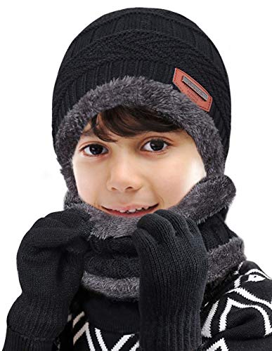 Image of MAYLISACC Kids Winter Knitted Hat and Fleece Neck Warmer Scarf Set for Boys Girls Age 5-10