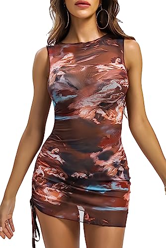 ABMOIU Sexy Mini Print Mesh Dress for Women, See Through Sleeveless Stretchy Bodycon Short Summer Dresses Brown Large