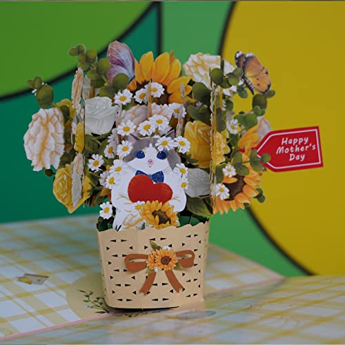 Ecloverlife Mothers Day Pop-Up Card, Sunflower Mothers Day Card,3D Pop-Up Greeting Cards For Wife, Mom, Grandma, Her-5.8'' X 7.8"- Includes Envelope And Notecard (Sunflower And Cat) #TOP2
