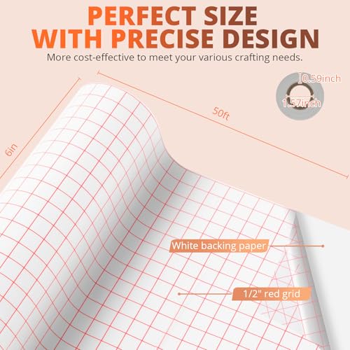 Image of HTVRONT Clear Vinyl Transfer Paper Tape Roll 6 inch x 50 Feet Clear w /Red Alignment Grid - Application Transfer Tape Perfect for Self Adhesive Vinyl for Signs Stickers Decals Walls Doors & Windows