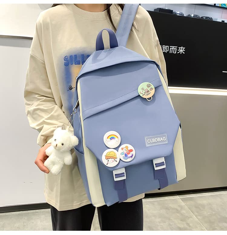 Sac à dos Kawaii 5 pièces - Sac à dos mignon avec pendentifs Kawaii et épingles - Accessoires pour adolescentes et filles - Sac à dos esthétique mignon, bleu