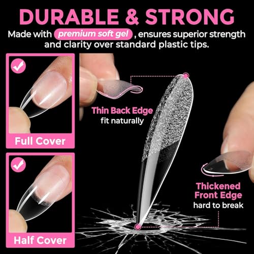 Image of UNA GELLA Almond Nail Tips, 216pcs Pointed Almond Gel Nail Tips Pre-shape Half Matte Full Cover Clear Acrylic Soft Gel Fake Nails for Nail Extension Nail Art 12 Sizes