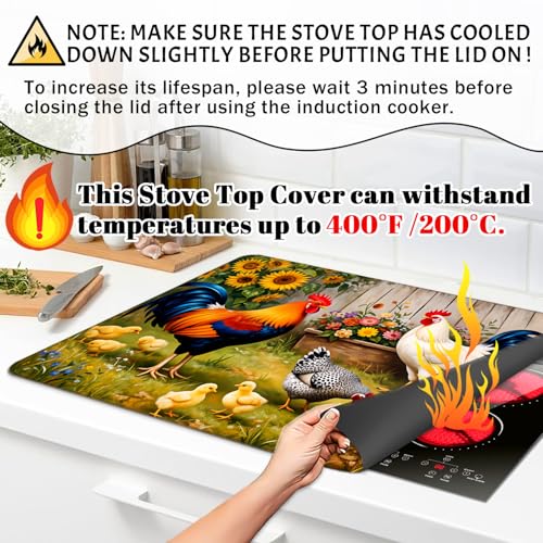 Image of Stove Top Cover for Electric Stove 28 inchx 20 inch, Vintage Farm Roosters Chicken Sunflower Heat Resistant Glass Top Stove Cover Protector, Glass Cooktop Covers, Kitchen Electric Flat Stove Top Covers