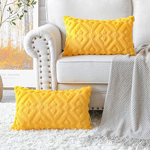 Artscope Pack of 2 Soft Plush Short Wool Velvet Decorative Cushion Covers Luxury Style Throw Pillow Covers European Pillow Shell for Sofa Bedroom Diamond Shape Yellow 30x50cm - Image 3