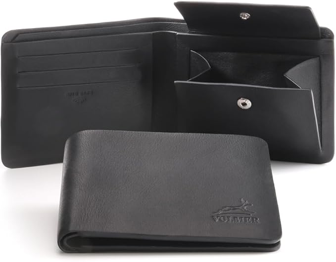 Fa.Volmer ® Leren portemonnee voor heren met RFID-bescherming, extra stabiele dubbele naad, 6 vakken voor creditcards, liggend formaat, schlanke Brieftasche, Klassiek