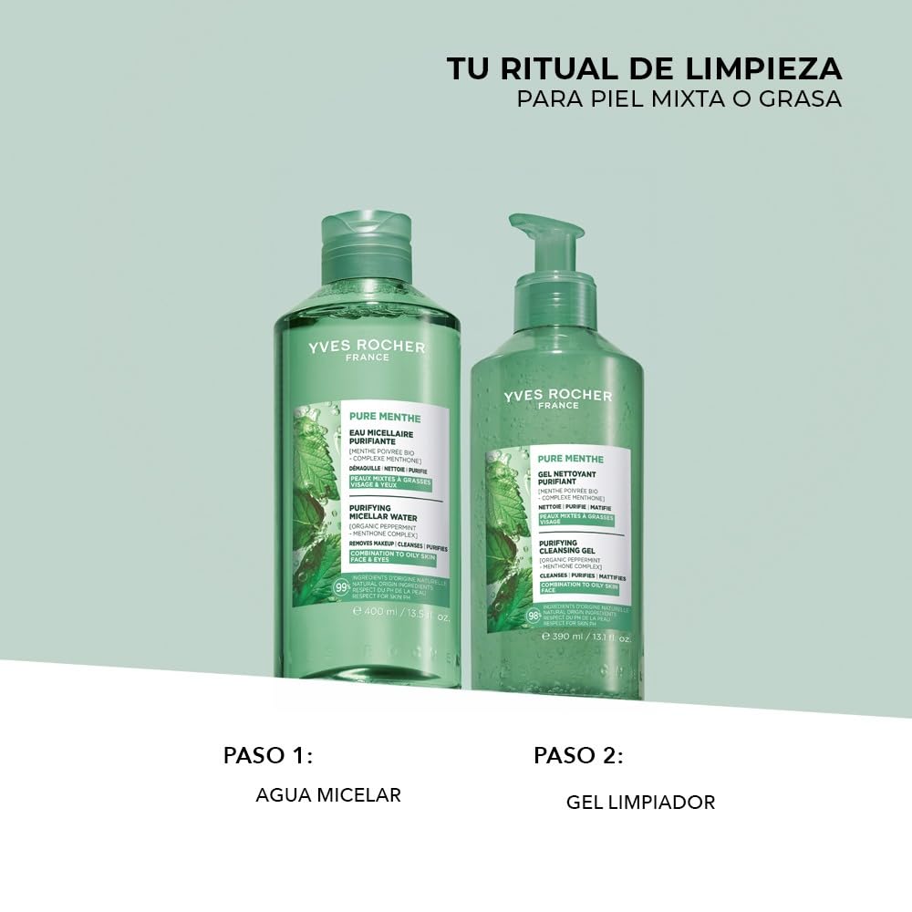 Yves Rocher Pure Menthe – Oczyszczający płyn micelarny do twarzy, organiczna mięta pieprzowa, usuwa makijaż i zanieczyszczenia, matuje skórę, zwęża pory, cera tłusta i mieszana, odświeżenie, 400 ml