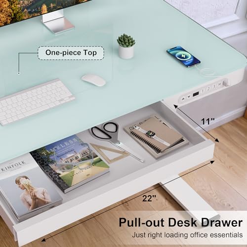 Image of Furmax Electric Glass Standing Desk with Drawer 48 x 24 Inch Adjustable Height Stand up Desk One-Piece Board Pre-Assembled Home Office Computer Desk with USB Ports, Glass Top