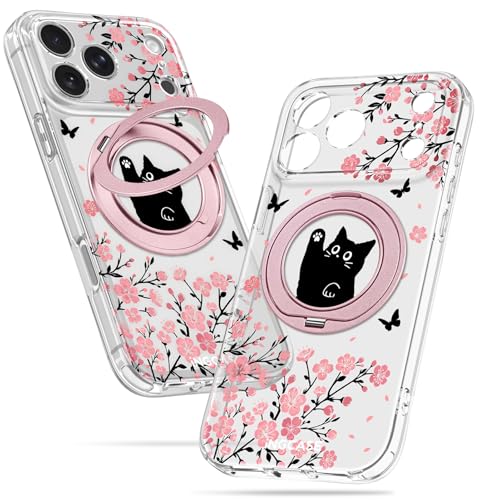 Coque iPhone 17 Pro Max transparente avec support chat floral et compatible MagSafe