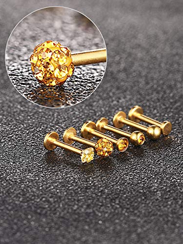 Sumind Nose Studs 16g Tragus Piercing Jewelry Gold Flat Back Earrings Diamond Crystal Lip Rings Stainless Steel Labret Bars Body Piercing Jewelry for Women Men, 6 Designs3