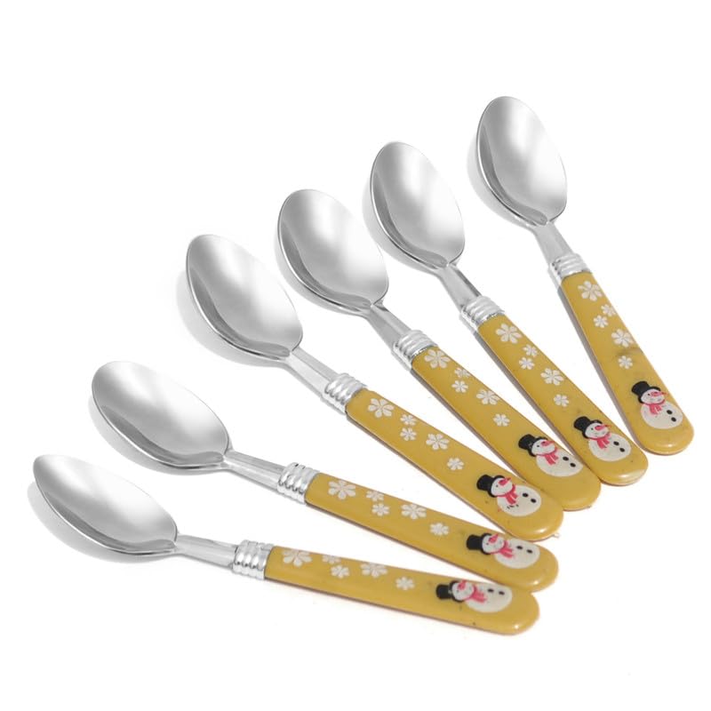 Pure Source India Flower & Snowman Theme Stainless Steel Spoon for Kids Dining Table, Cutlery Set, Gifting Set for All Occasions, Home Kitchen, Kids Eating Cutlery Set of 6 (YELLOW6 INCH.)