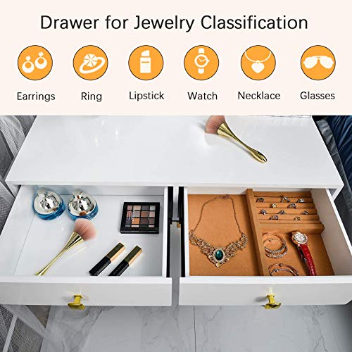 Vanity Table Set with 3 Color Lighted Mirror & Stool, Makeup Dressing Table with Touch Screen Dimming Mirror & 2 Drawers, Wood Modern Bedroom Makeup Desk for Women, Girl, White