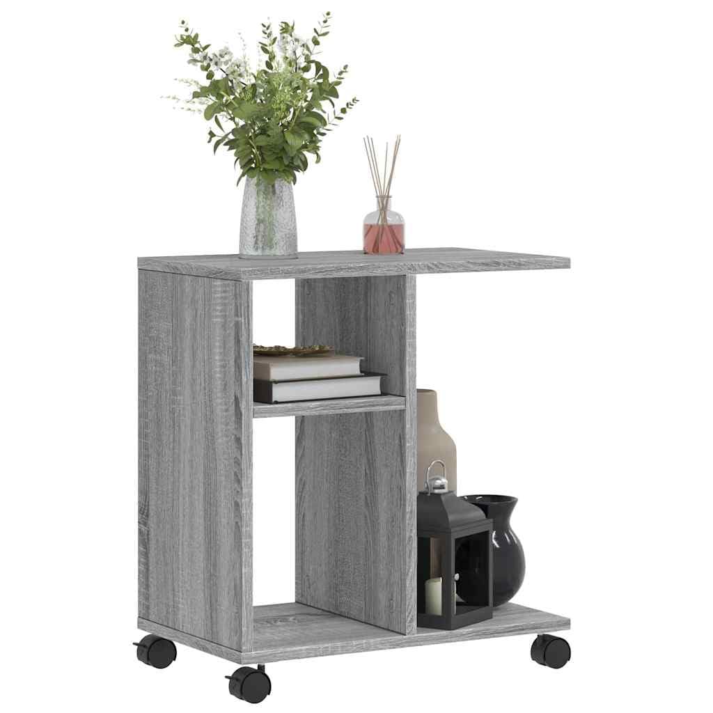 Beistelltisch mit Rollen Grau Sonoma Holzwerkstoff 50x30x55 cm Couchtisch mit Ablagefach für Wohnzimmer Schlafzimmer Flur Balkon, Sofatisch mit Stauraum und Bremsen, praktischer Ablagetisch