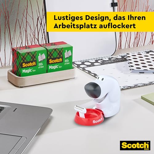 Scotch Tischabroller inkl. 1 Rolle Klebeband - Hunde Klebeband Abroller, auch für Kinder, weiß