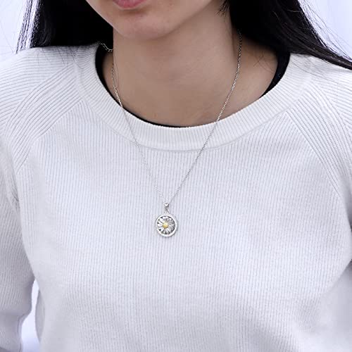Bolelis 925 Sterling Silver Daisy Necklace For Women - Round Spinner Daisy Flower Pendant With Cubic Zirconia Shining Rotatable Daisy Jewelry For Teen Girls,Rolo Chain 18"+2" #TOP1