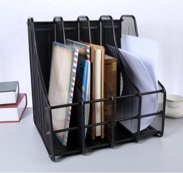 Image of 4 Layer Metal Mesh Magazine Holder, Countertop Desk File Organizer 4 Slot| Vertical File Dividers Book Holder & Cabinet Document Storage Rack (Black, Step Shelf) Pack of 1