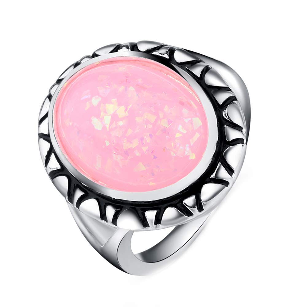Stainless Steel Women Ring Round Opal Colorful Opal