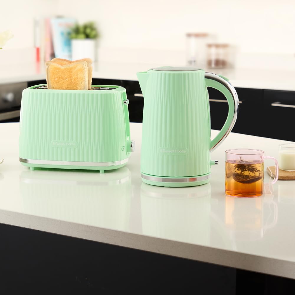 Russell Hobbs Tostapane 2 fette, 6 gradi di doratura, con Pinze, Scongela, Riscalda, Cancella selezione, Vassoio raccogli briciole, Riscalda panini, esterno testurizzato, Eden Pistacchio 27374-56