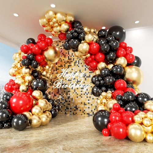 Image of 153Pcs Red and Black Gold Balloons Garland Arch Kit - 18 12 10 5 inch Different Size Black and Red Metallic Gold Balloons for Casino Anniversary Night Hollywood Movie Night Party Decorations