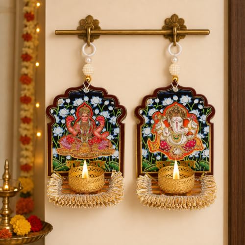 Image of Akaar Decor Lakshmi Ganesha Diya Hanging Set of 2 | Decorative Tea Light Candle Holder with Pearl Beads | Diwali Decoration, Pooja Room, Temple & Home Wall Decor