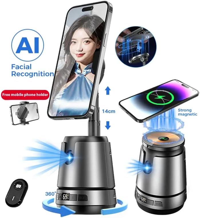 Auto Face Tracking Tripod 360° Rotation with Stand, Smart AI Facial Recognition Phone Tripod, Remote & Gesture Control, No App, Rechargeable for Live Streaming, TikTok, Video