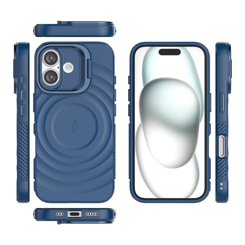 Image of LuxuryKase Shockproof Case for iPhone 16 Plus | Ripple Pattern | Camera Protection | Inner Velvet Fabric Lining | Protective Cover with Enhanced Grip & Wireless Charging Support - Blue
