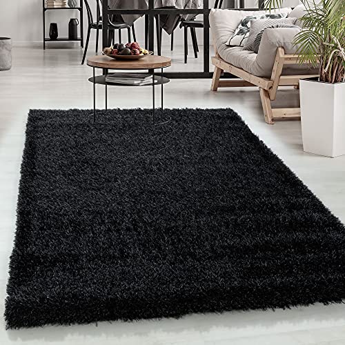 Carpetsale24 Wohnzimmer Teppich Shaggy Einfarbig 80 x 150 cm Schwarz - Hochflor Schlafzimmer Luxuriös Kuschelig Super Weich Flauschig Langflor 50 mm Florhöhe Läufer