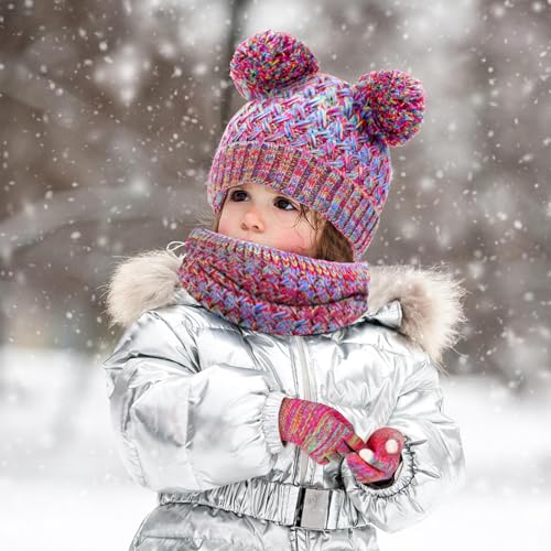 Kids Winter Hat Gloves Scarf Set,Girls Hats Beanie with Pom Knit Neck Warmer Gaiter Mittens Fleece Lined Set 1-6 Years2