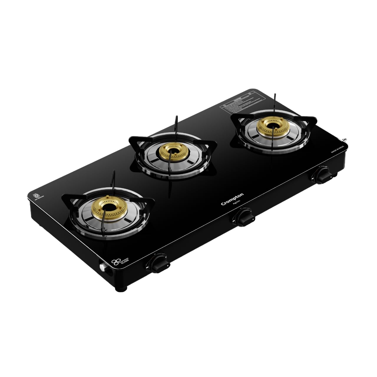 Crompton Agnion 3 Burner Glass Top LPG Gas Stove | 2 Medium & 1 Small Brass Burner | Easy Cleaning | Toughened Glass | High Quality Brass Burners | 2 Year Manufacturer's Warranty.-image-38