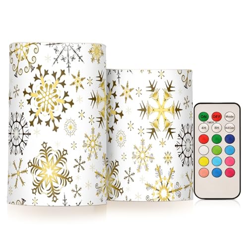 Image of Christmas Lights Decorations Flameless Candles Golden Snowflake White Pillar Candles Set of 2 Battery Operated Remote Control Warm Lights