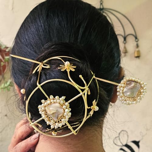 Image of Hair Bun Cage Accessory for Women | Handcrafted Brass Juda Cover with Stick | Anti-Tarnish Traditional Hair Accessory for Wedding & Festive (Baroque Pearl Hair Bun (Golden))