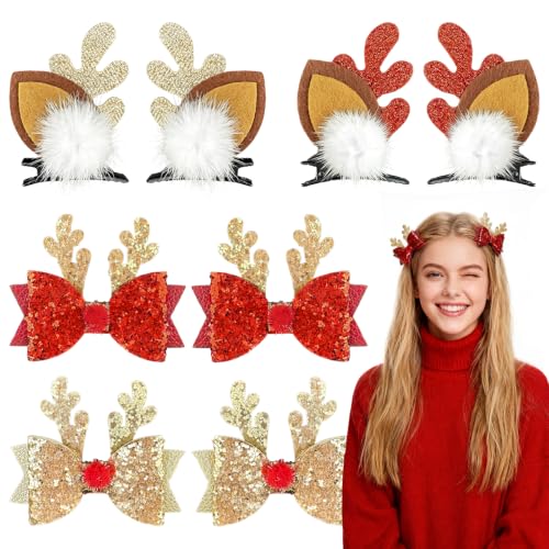 8 Pcs Christmas Reindeer Hair Clips, Glitter Antlers Ears Hair Bows, Cute Christmas Hairpins Hair Accessories for Women Gifts Xmas Party Favors