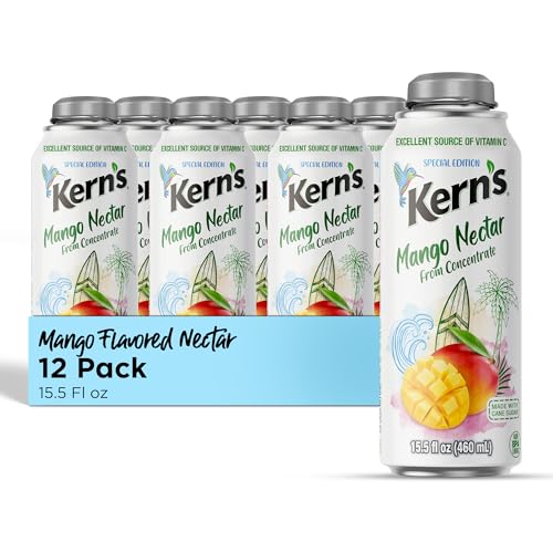Image of Kern's Mango Nectar Lata Botella - Made with Fresh Fruit Puree - Mango Juice Concentrate for Tropical Fruit Smoothie Mix, Cocktail Mixers & Kids Beverages - 15.5oz, 12 Pack Resealable Juice Bottles