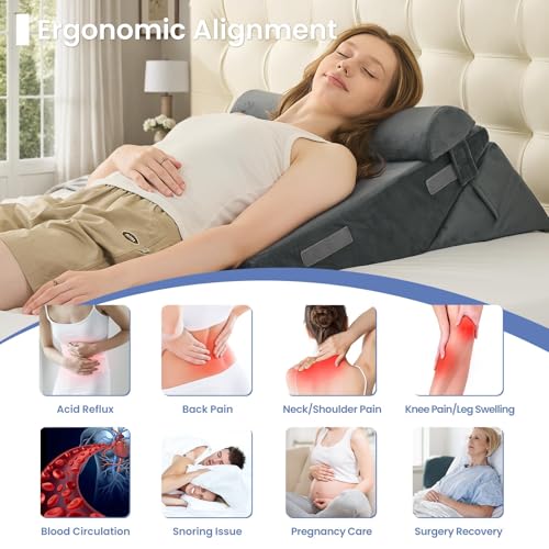 Image of Sasttie Wedge Pillow Set for After Surgery, 2PCS Adjustable Bed Wedge Pillow Headboard with Memory Foam Neck Cushion - for Acid Reflux, Sleeping, Neck & Back Support, Velvet & Dark Grey