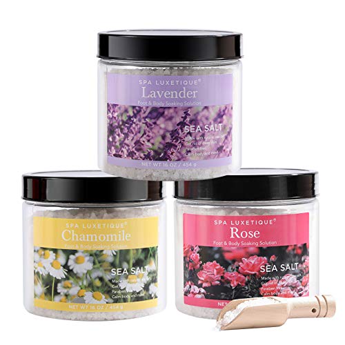 Spa Luxetique Epsom Salt, Bath Salts Body and Foot Soaking Solution, Bath Salt with Agran Oil, Bath Bombs, Wooden Scoop, Bath Soak in Lavender, Rose, Chamomile Scent, Relaxing Bath Salts for Women