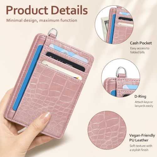 Image of Coco Rossi Crocodile Wallet Women Slim Credit Card Holder with Keychain | Luxury Wallets, Alligator Print, RFID Blocking, ID Case, Small Minimalist, Womens Girls Gift, Pink Croc