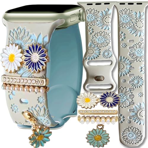 Sunflower Heart Pink Band With Charms Compatible Apple Watch Engraved Women 41mm 40mm 38mm 44mm 45mm 46mm 42mm 49mm,Summer Floral Dressy Bling Silicone Strap for iphone Watch Series 11 10 9 8 7 6 5 4 Ultra SE 3 2 1-blue42