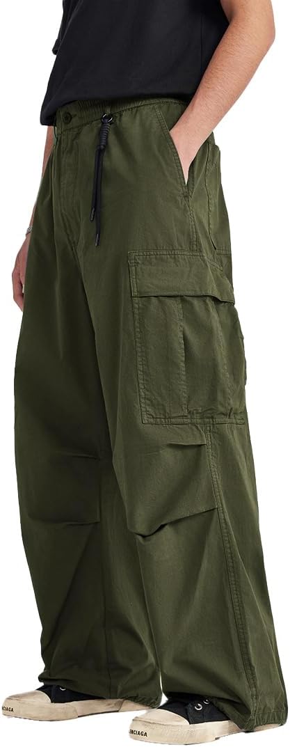 THWEI Mens Baggy Cargo Pants Casual Parachute Cargo Pants Elastic Waist Streetwear Multi Pockets