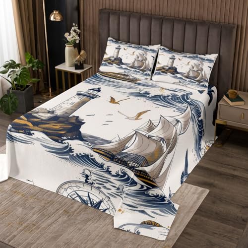 Adventure Sailboat Coverlet Set Queen Size Lighthouse Coastal Scenery Bedspread Fashion Room Decor Watercolor Seagull Quilted for Teens Gift Sketch Ukiyoe Style Bedding with 2 Pillowcases